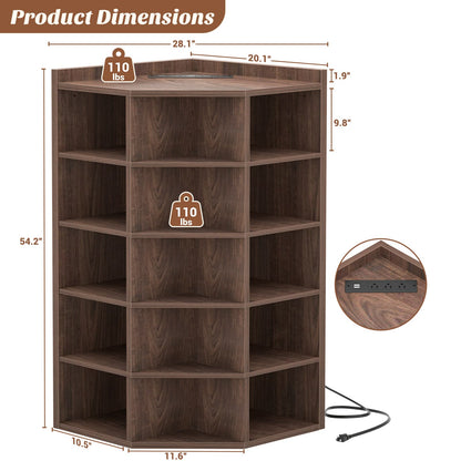 6-Tier Corner Cabinet with Power Outlets & 15 Cubes - Wooden L-Shaped Bookshelf, Toy Storage for Home Office, Bedroom, Living Room