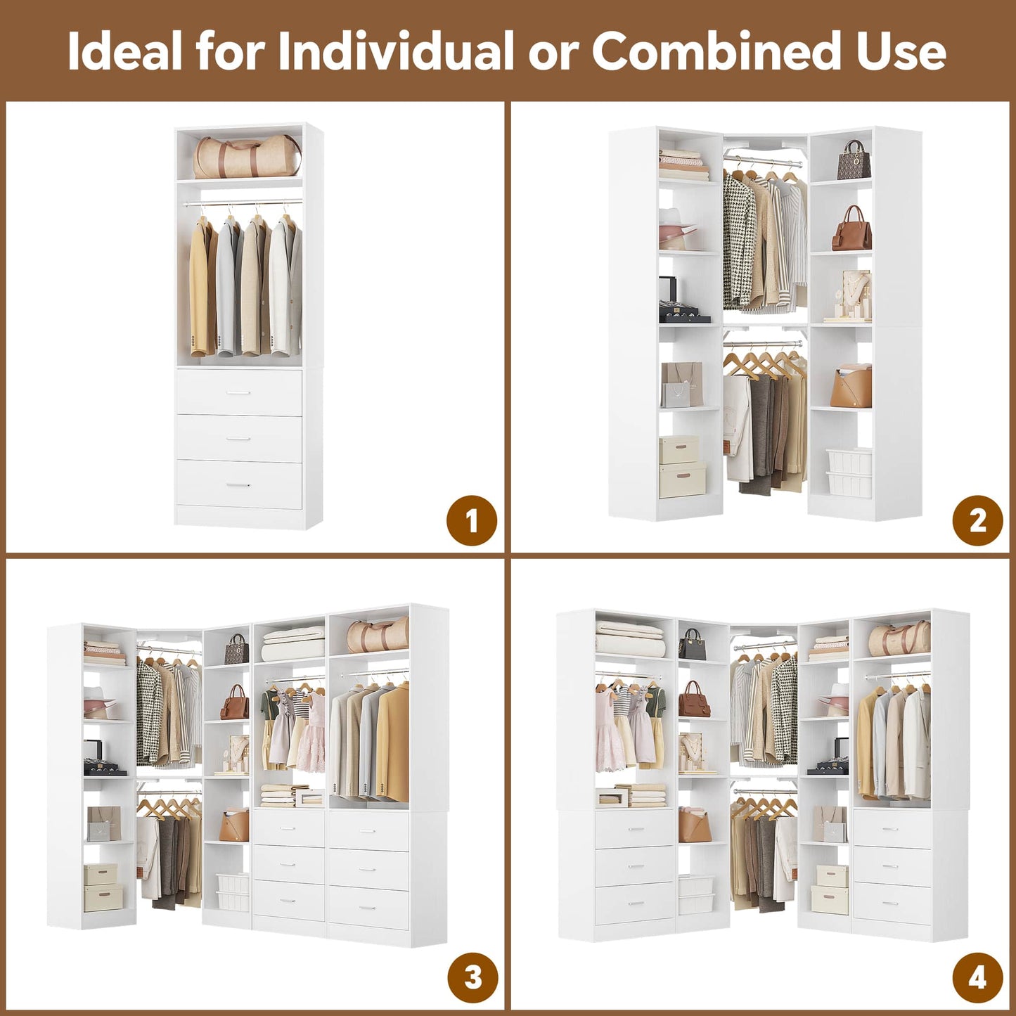 87.2" Freestanding Closet Organizer System - Modular L-Shaped Design,Reversible, 6 Drawers & 4 Hanging Rods, 2000+ LBS Capacity,3 Sets