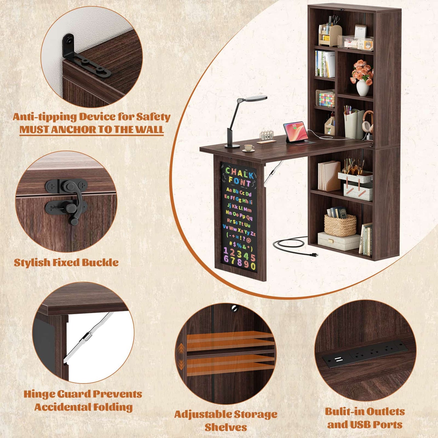 Small Folding Desk with Outlets, Convertible Writing Desk for Small Spaces