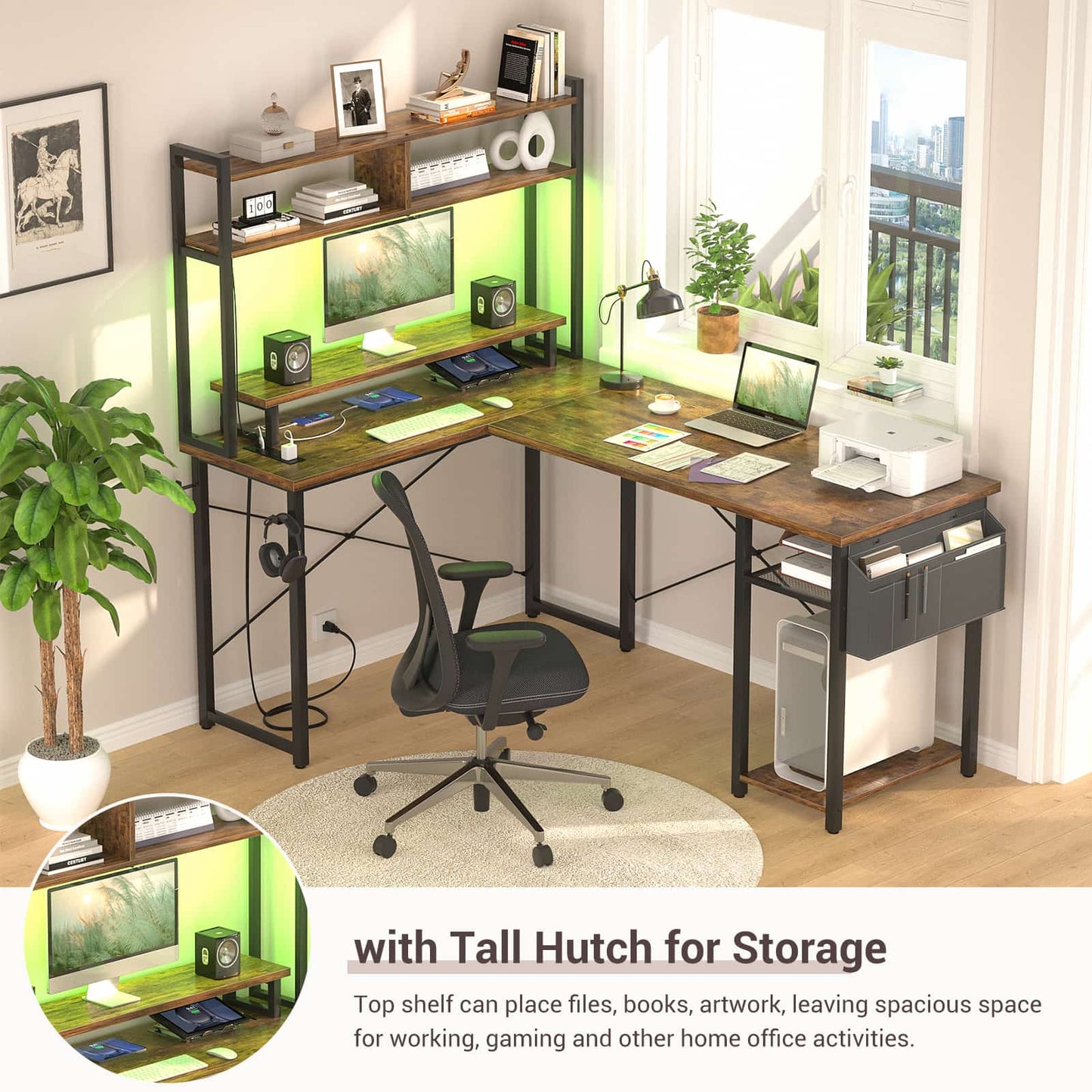 L Shaped Computer Desk with Power Outlets & LED Lights