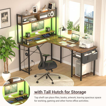 L Shaped Computer Desk with Power Outlets & LED Lights