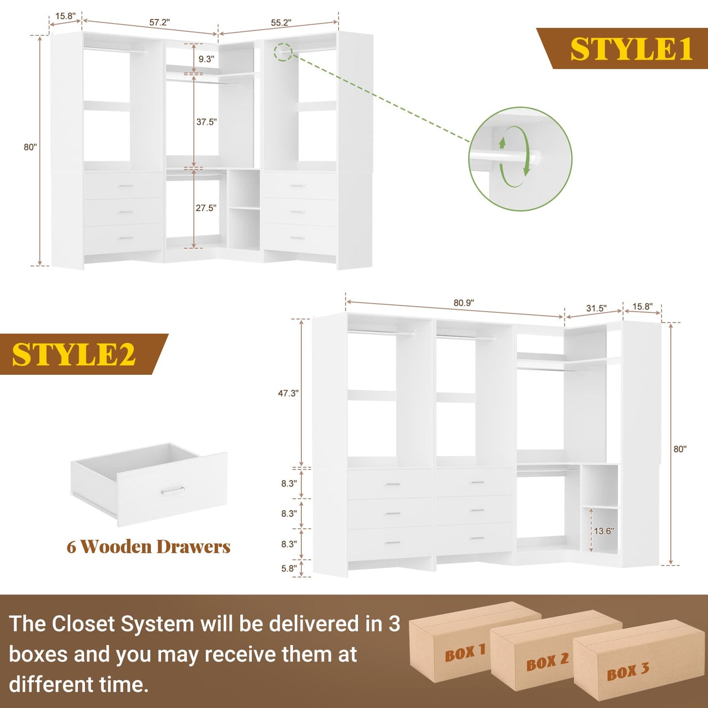 81'' Closet System with 6 Drawers, 4 Hanging Rods & Corner Tower