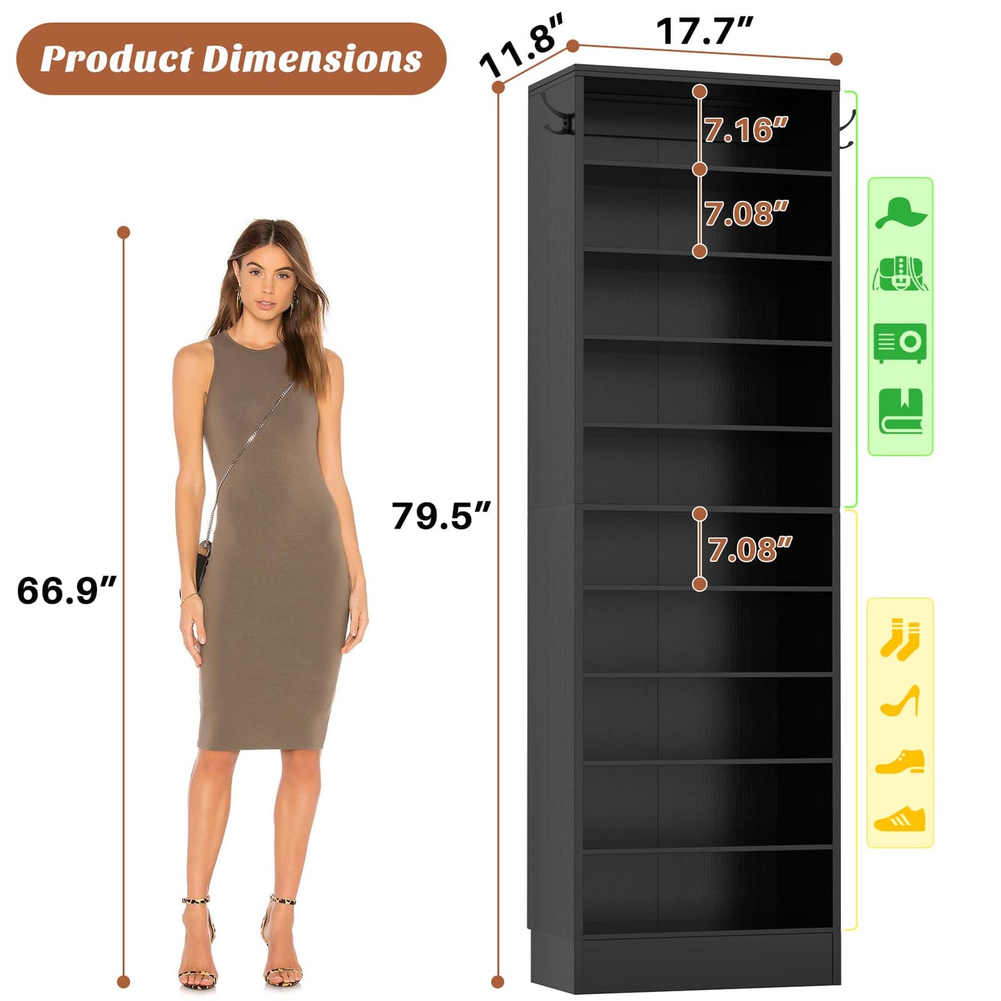 Tall Shoe Cabinet, 10 Tiers Narrow Wood Shoe Rack