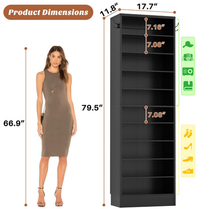 Tall Shoe Cabinet, 10 Tiers Narrow Wood Shoe Rack