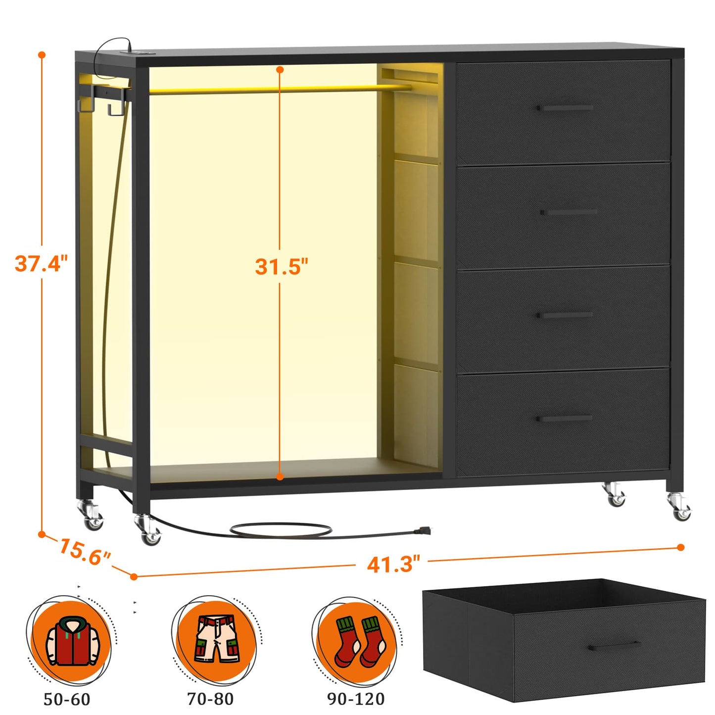Dresser with Hanging Rack & 4 Drawers