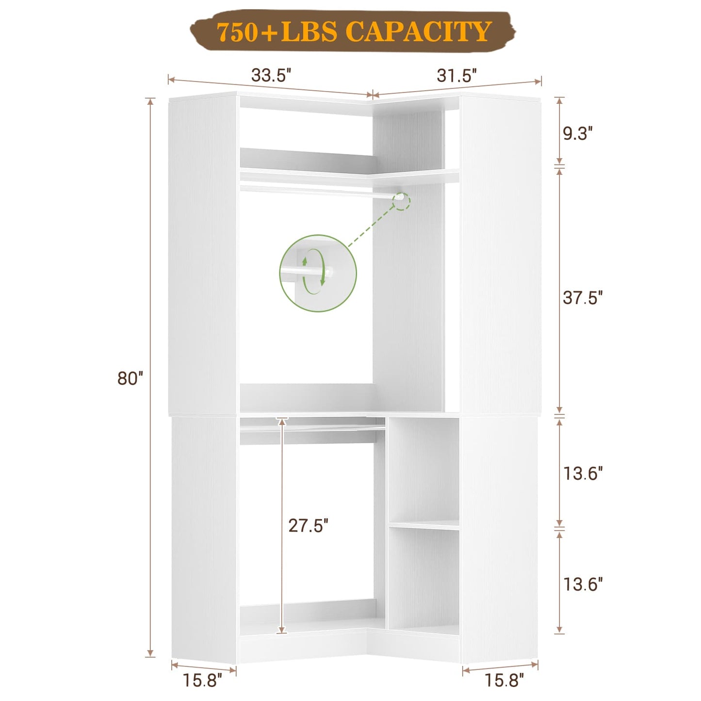 34’’ Corner Closet System with Shelves and Hanging Rods