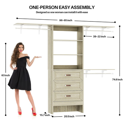 96'' W Closet Organizer System With Wooden Drawers