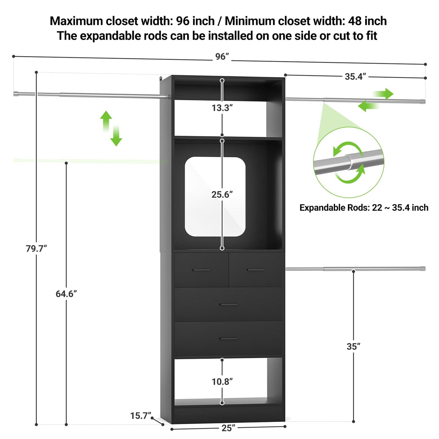8FT Walk in Closet Systems Starter Kit with 25” Tower and 3 Extendable Hanging Rods