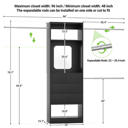 8FT Walk in Closet Systems Starter Kit with 25” Tower and 3 Extendable Hanging Rods