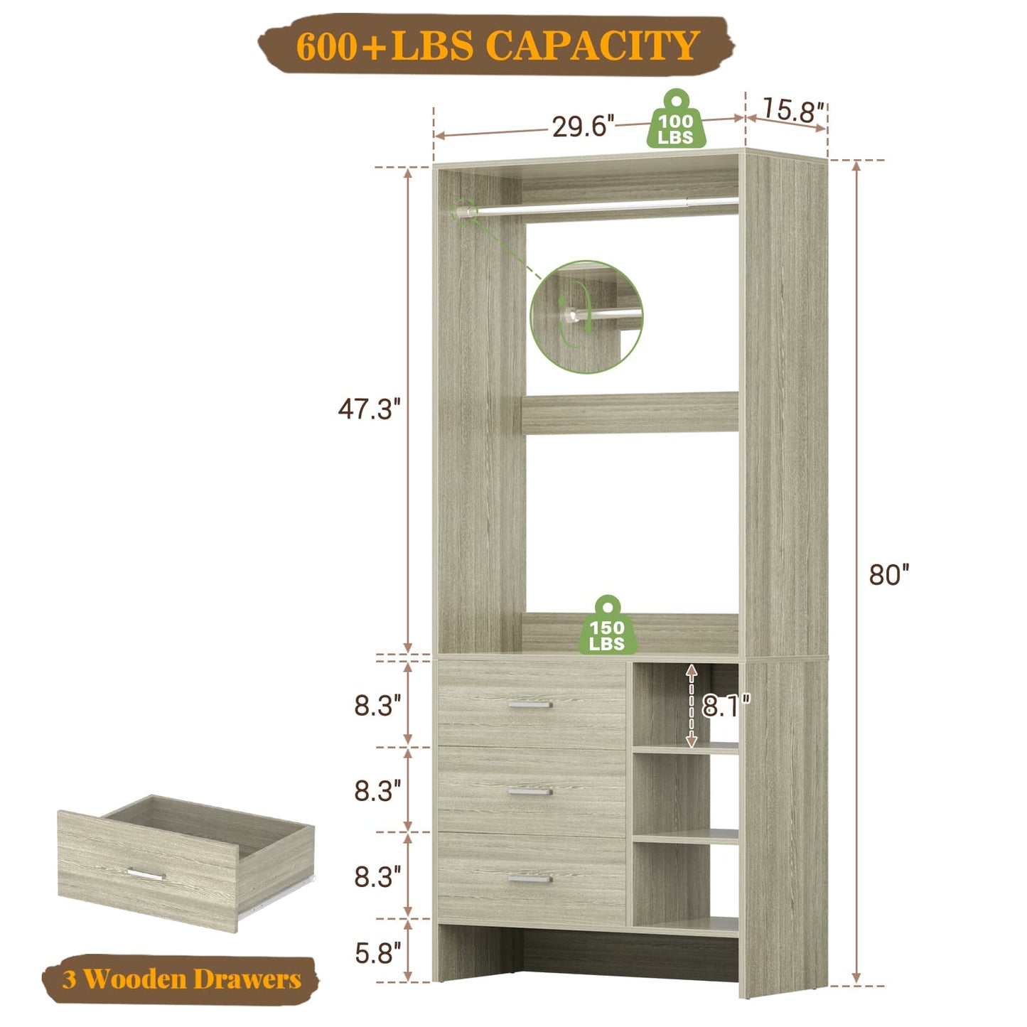 2.5FT Closet System with Wooden Drawers