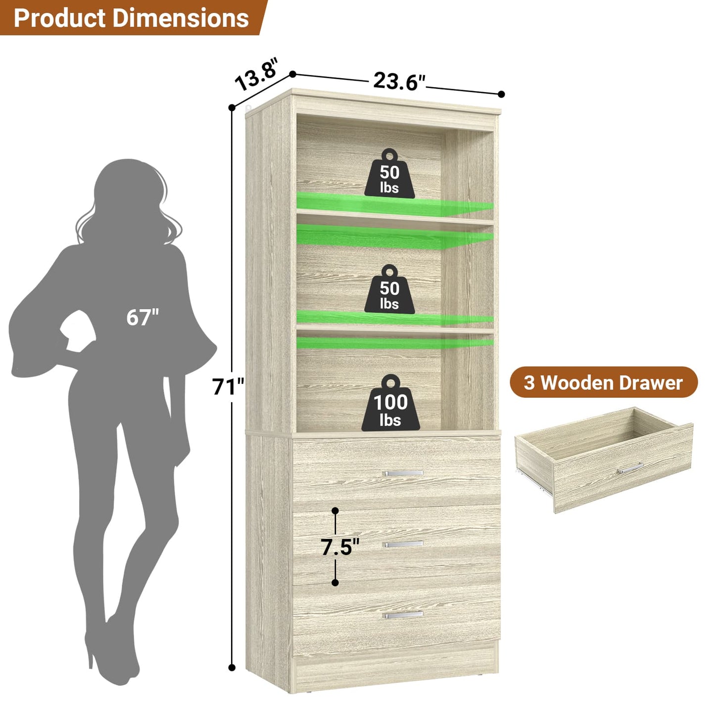 23.6" Closet Organizer System with 3 Wood Drawers
