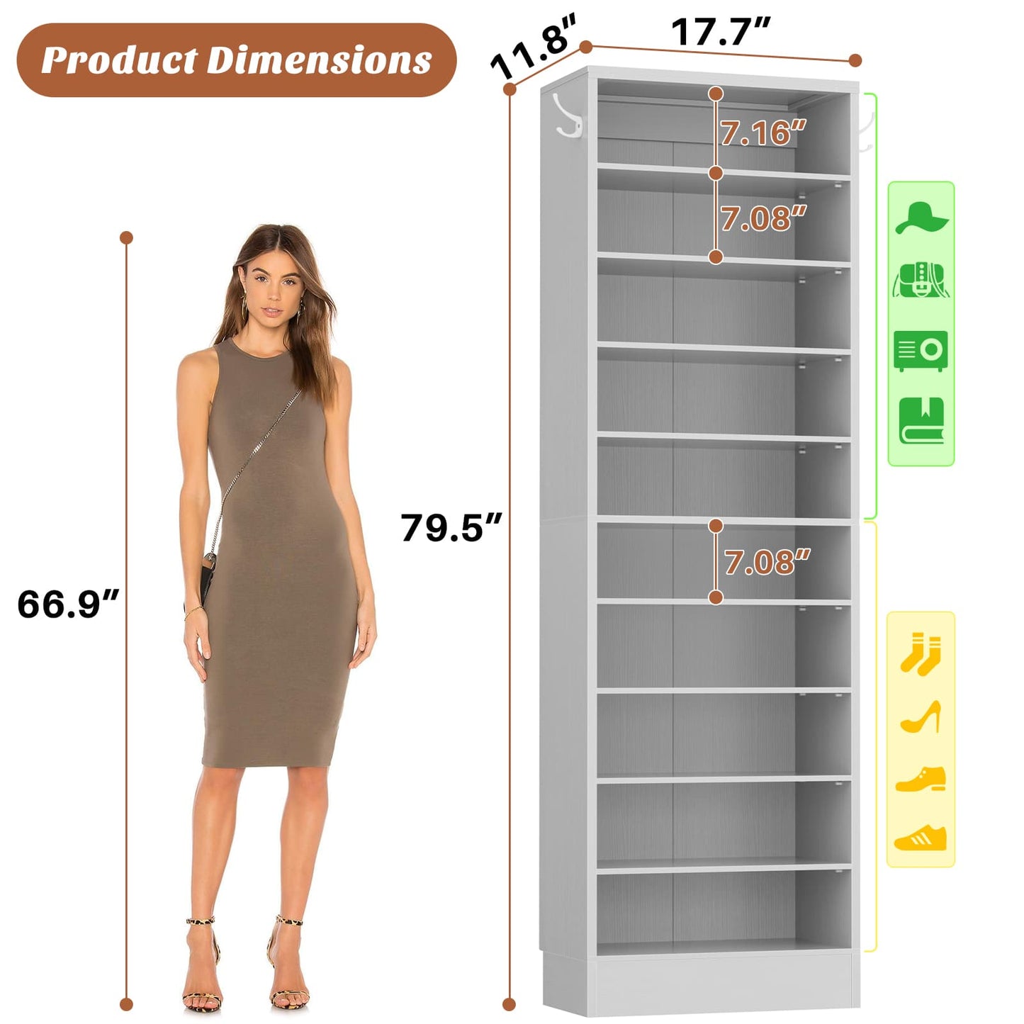 Tall Shoe Cabinet, 10 Tiers Narrow Wood Shoe Rack