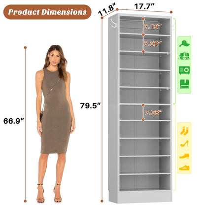 Tall Shoe Cabinet, 10 Tiers Narrow Wood Shoe Rack