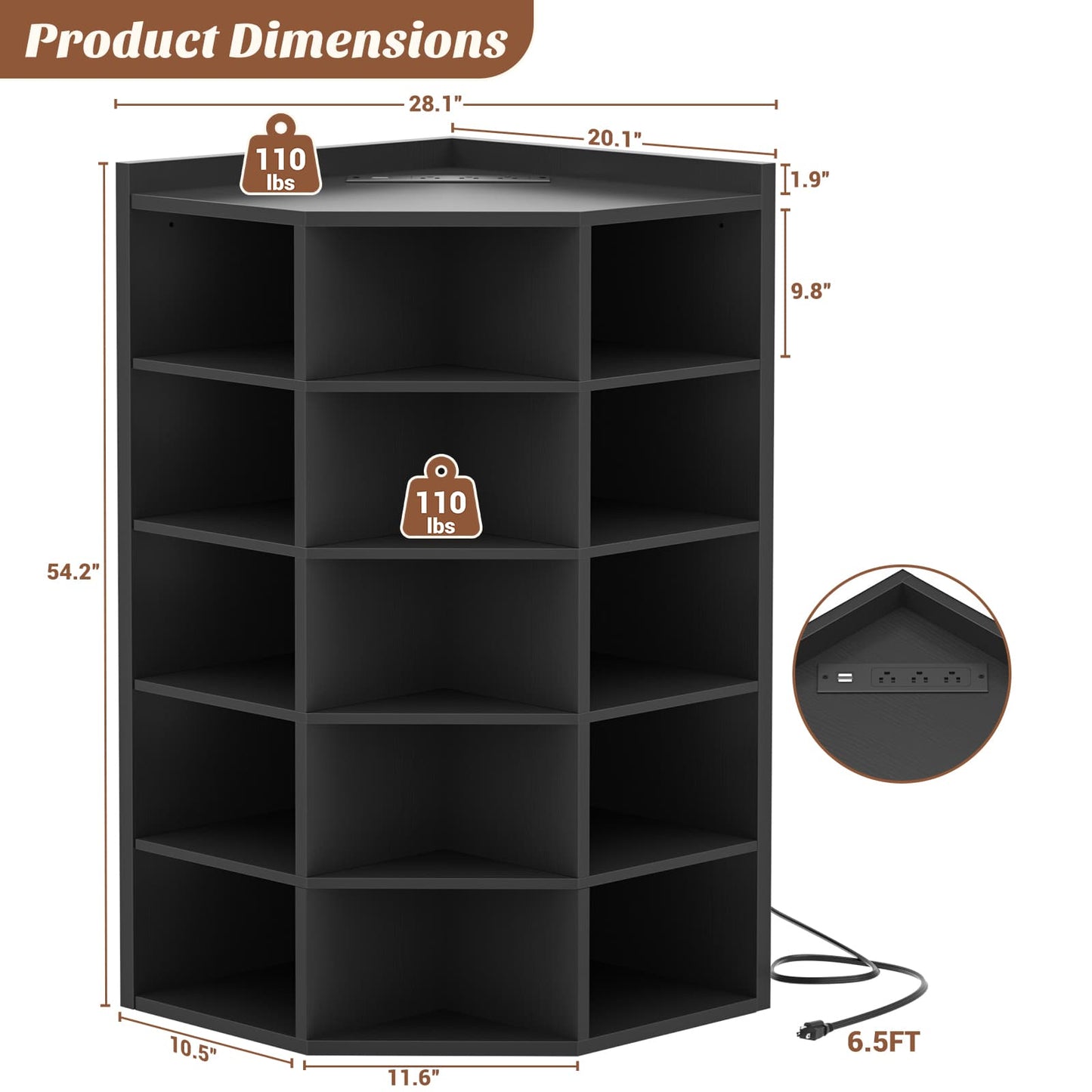 6-Tier Corner Cabinet with Power Outlets & 15 Cubes - Wooden L-Shaped Bookshelf, Toy Storage for Home Office, Bedroom, Living Room