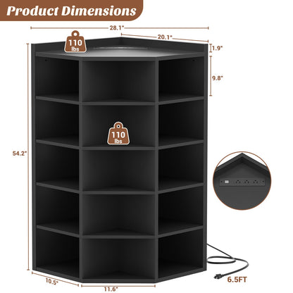 6-Tier Corner Cabinet with Power Outlets & 15 Cubes - Wooden L-Shaped Bookshelf, Toy Storage for Home Office, Bedroom, Living Room