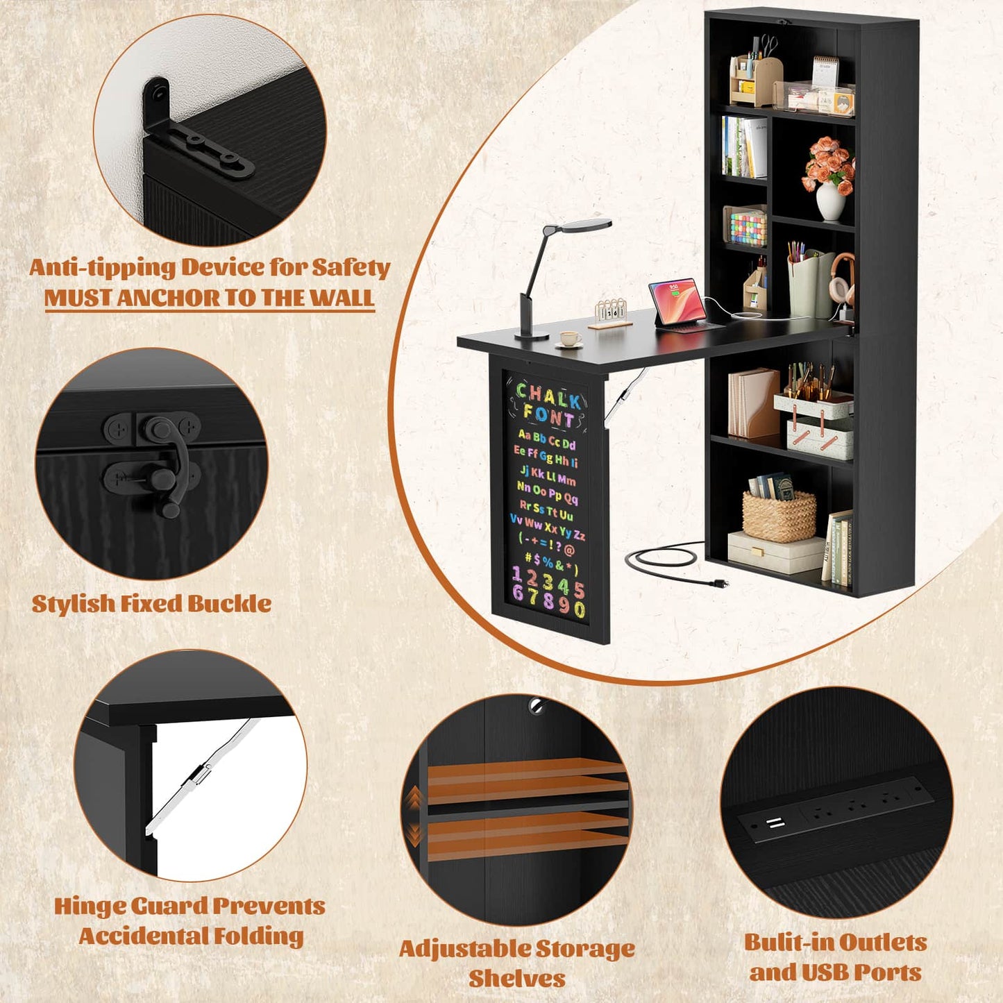 Small Folding Desk with Outlets, Convertible Writing Desk for Small Spaces
