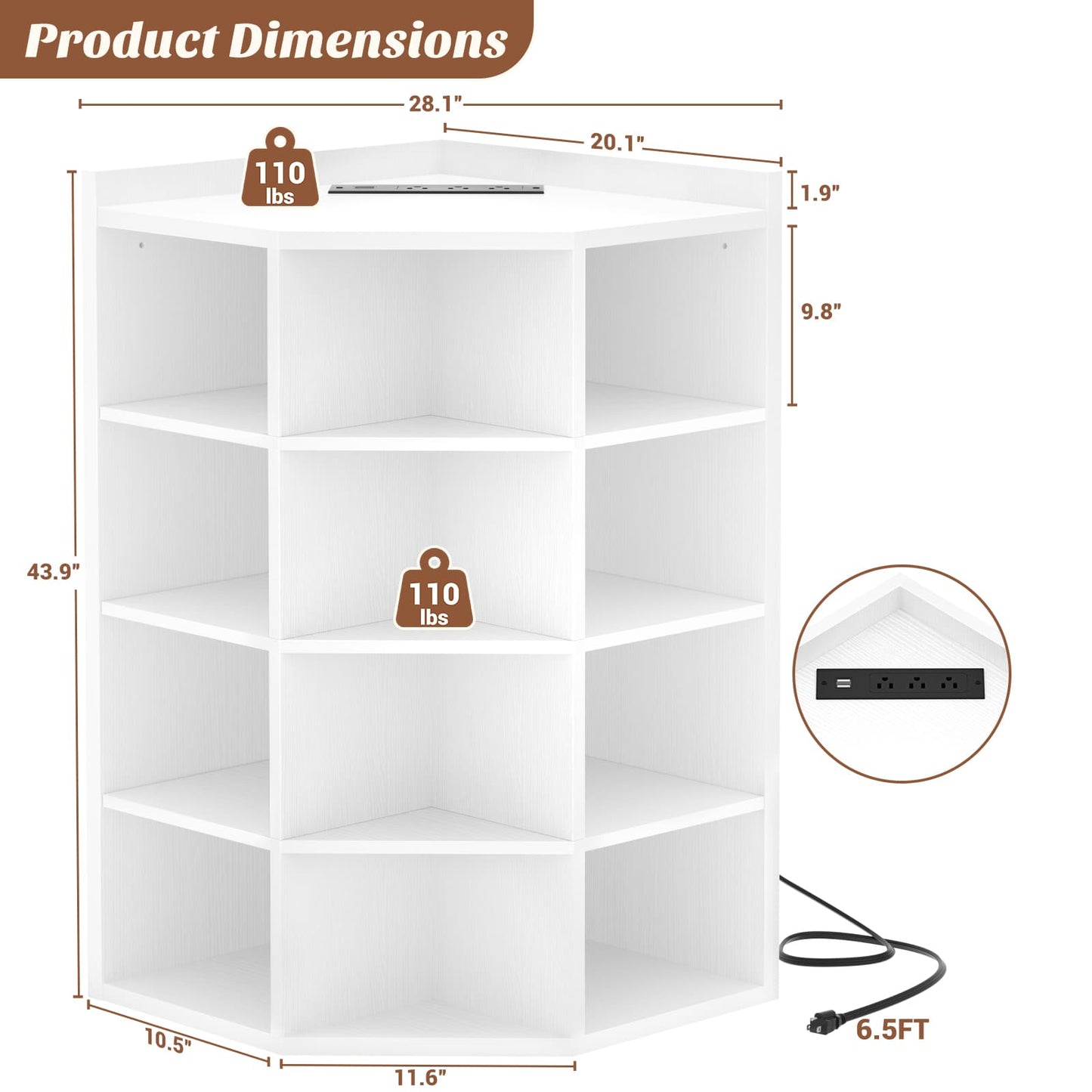 5-Tier Corner Cabinet with Power Outlets & 12 Storage Cubes - Wooden L-Shaped Bookshelf, Toy Organizer