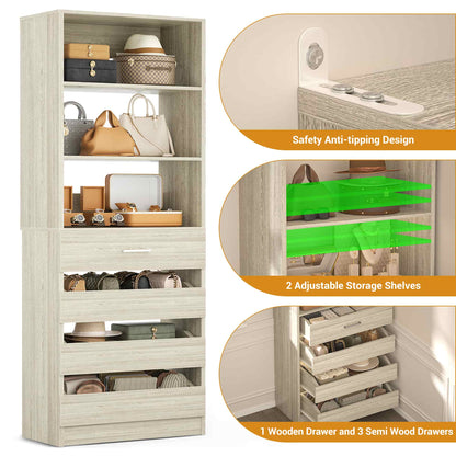 Space-Saving Modular Closet Organizer System with 4 Drawers & Adjustable Shelves - Wood Storage Cabinet