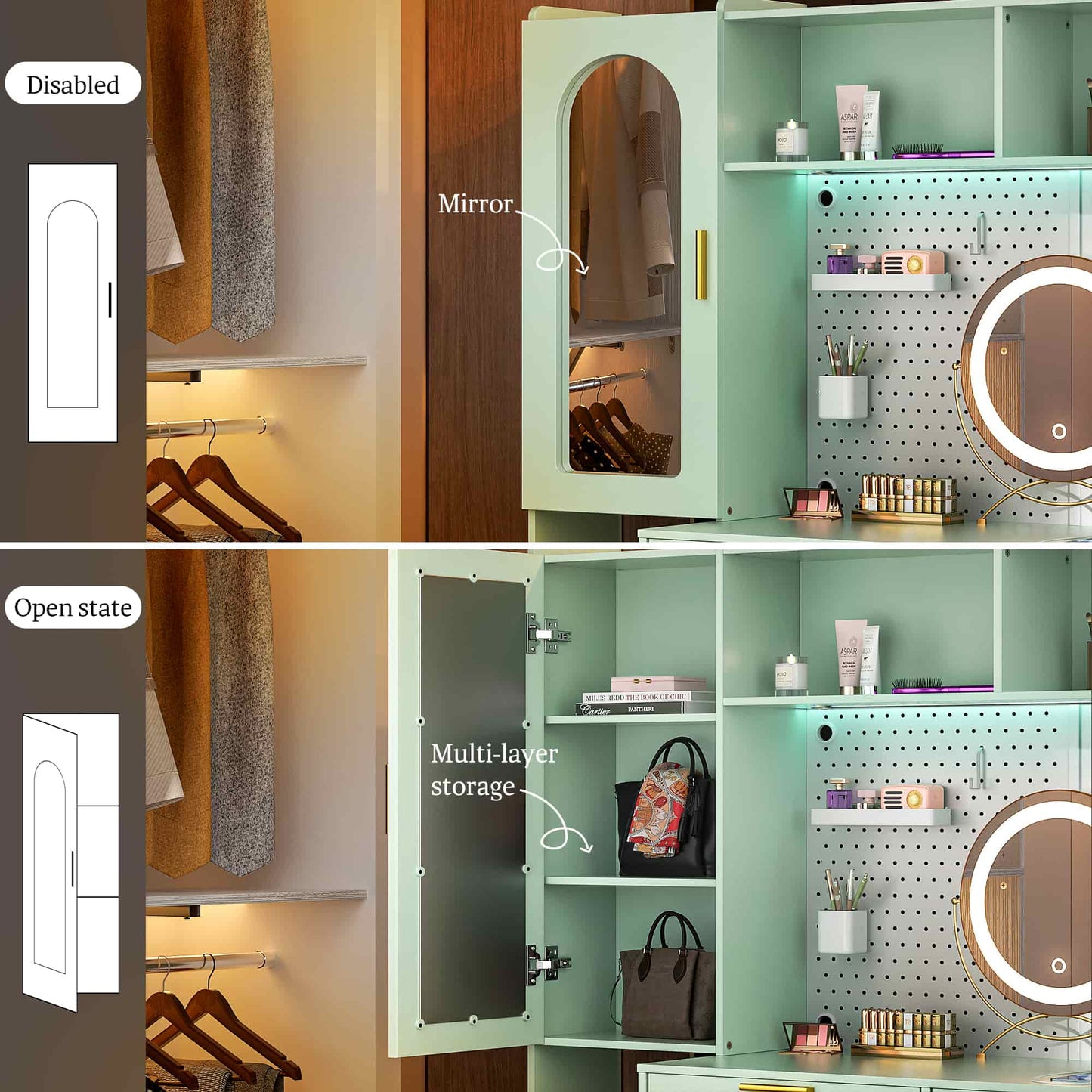 48" Makeup Vanity with Hutch, LED Lighted Mirror & Charging Station, 5 Large Drawers, Shelves, Pegboard & Cabinet