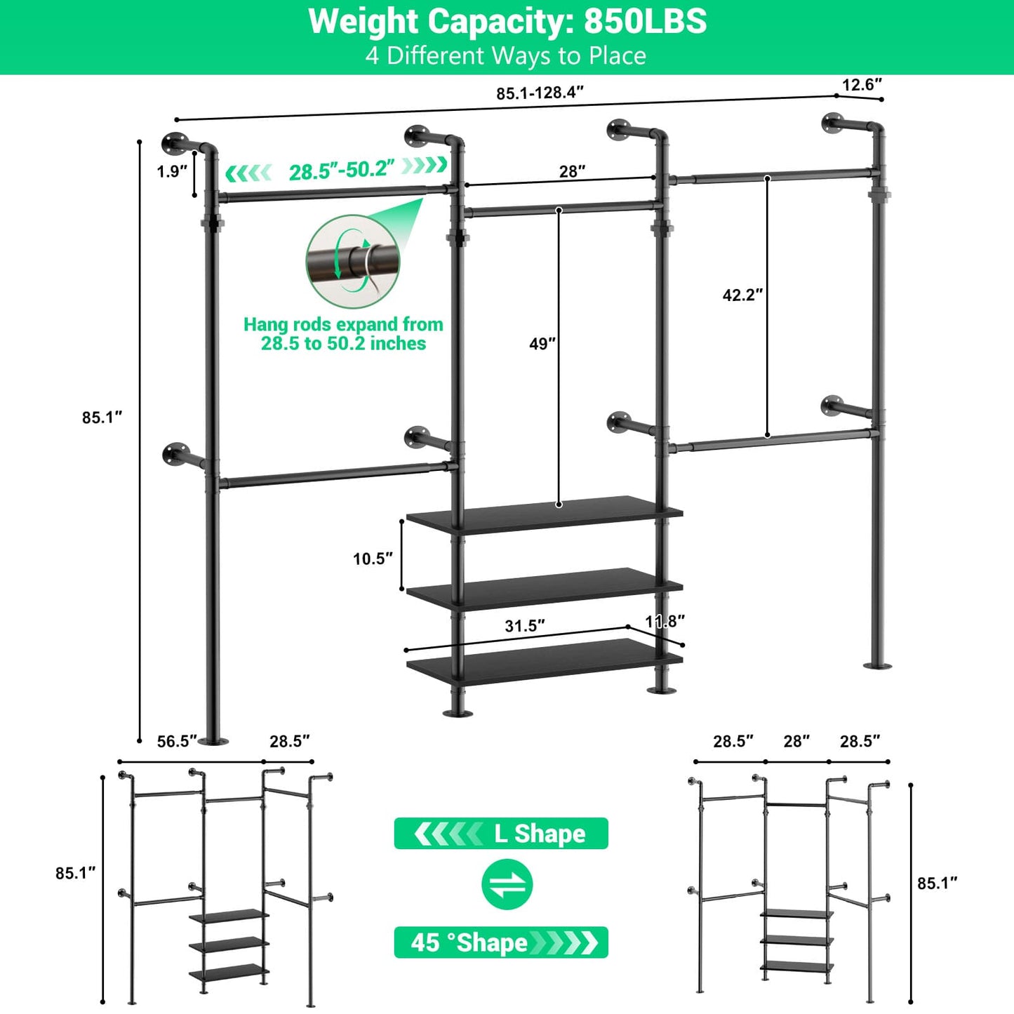 84"-128" Adjustable Metal Pipe Clothing Rack Wall-Mounted,Industrial Garment Rack with 3-Tier Wooden Shelves,Heavy-Duty 1000LBS Capacity