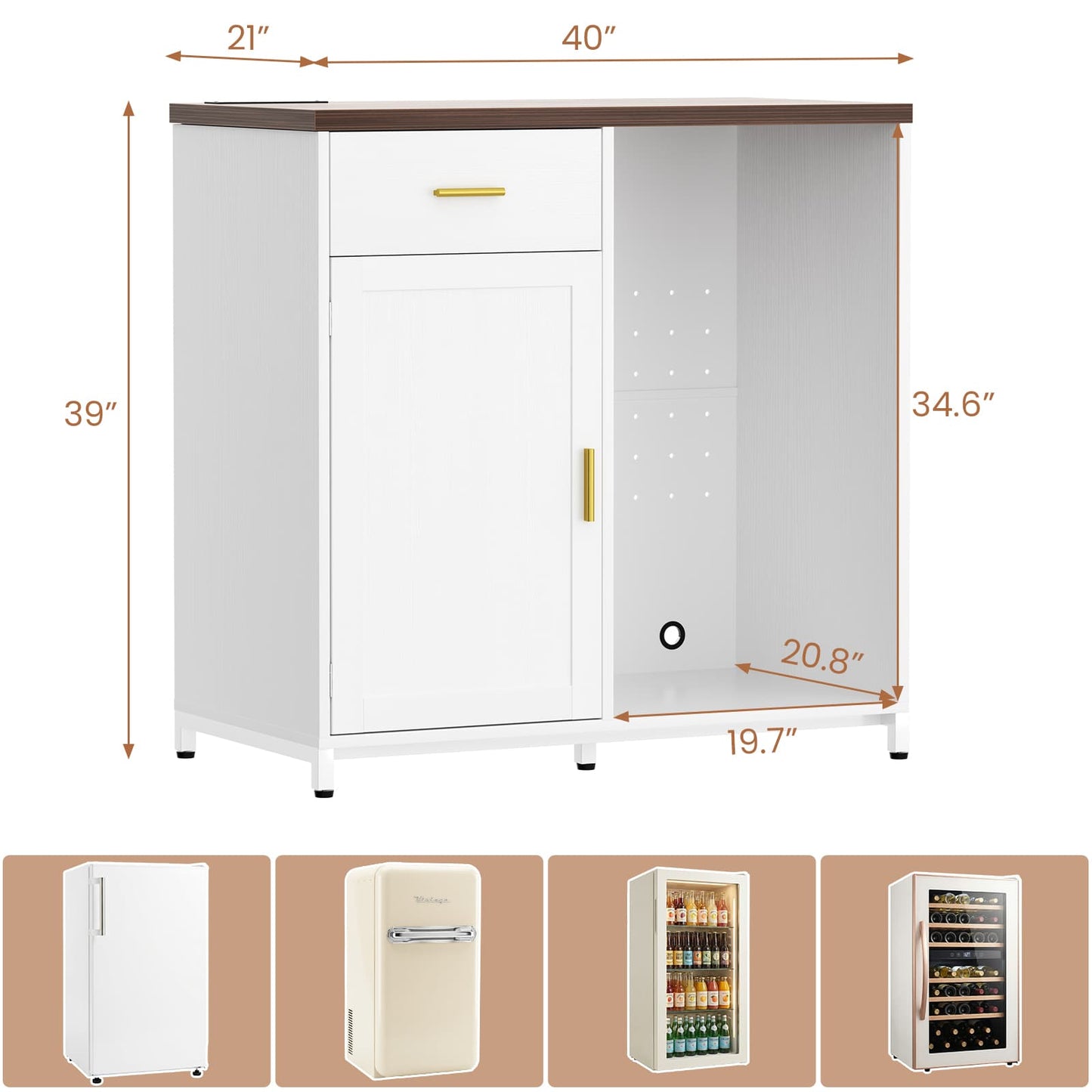 Coffee Bar Cabinet with Mini Fridge Space, Power Outlet, Drawer Storage and Wine Glass Holder - Versatile Liquor Wine Cabinet