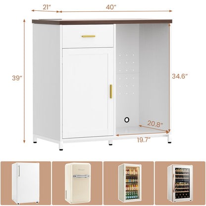 Coffee Bar Cabinet with Mini Fridge Space, Power Outlet, Drawer Storage and Wine Glass Holder - Versatile Liquor Wine Cabinet