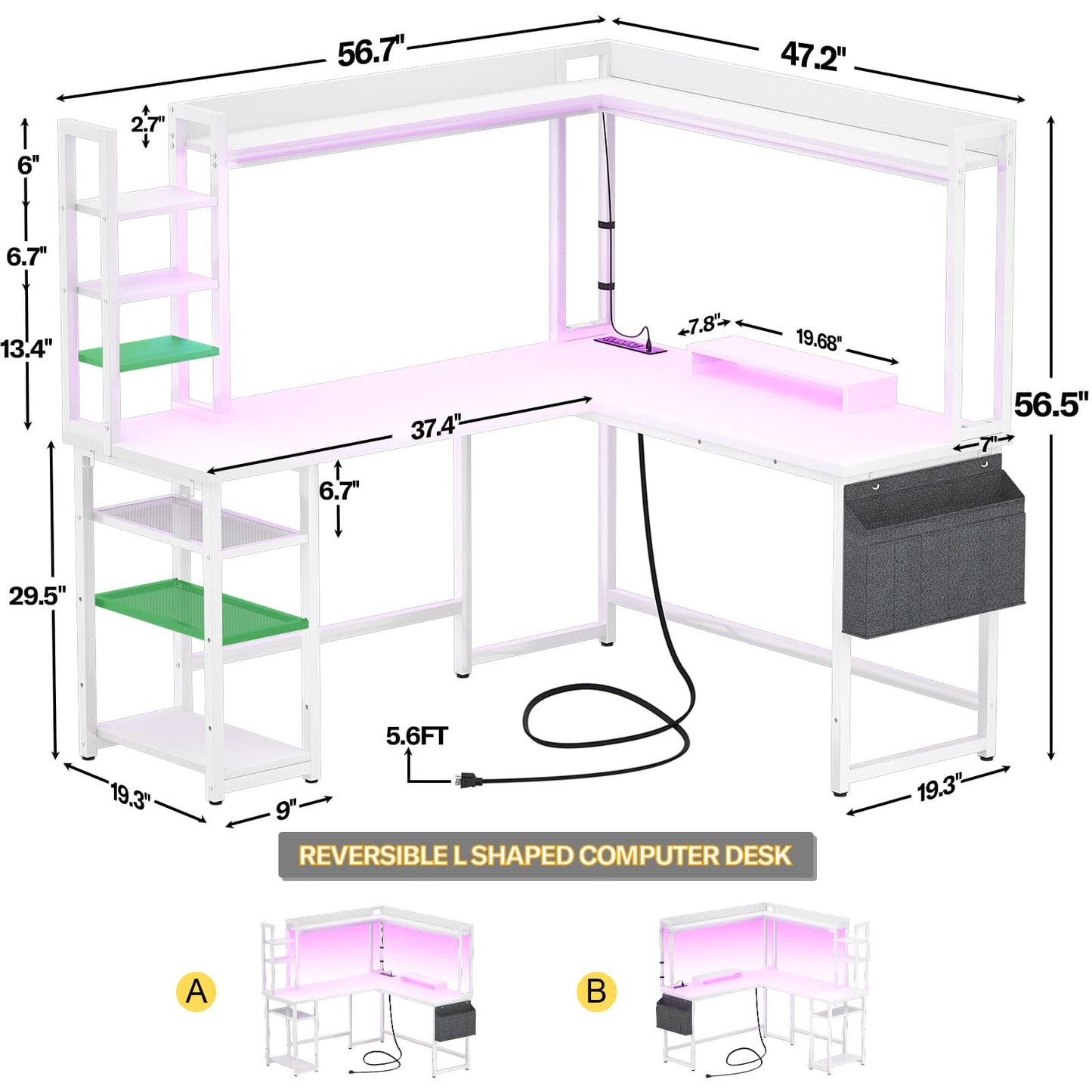 L Shaped Desk with Power Outlet and LED lights