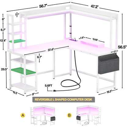 L Shaped Desk with Power Outlet and LED lights