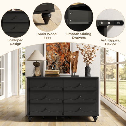 6-Drawer Dresser for Bedroom - 43" Modern Chest of Drawers with Scalloped Front, Storage Organizer
