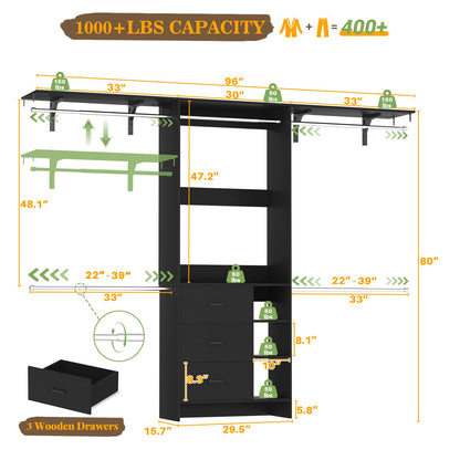 8FT Walk-in Armoire Closet Organizer with 3 Wooden Drawers & Hanging Rods, Adjustable Garment Rack for 5.3-9 ft Spaces,Wardrobe Storage Shelf