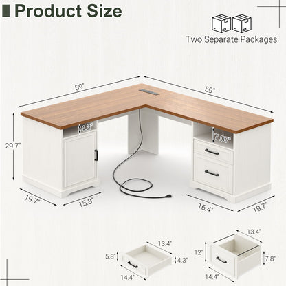L Shaped Executive Desk with File Drawers, 60" Corner Computer Desk with Power Outlets