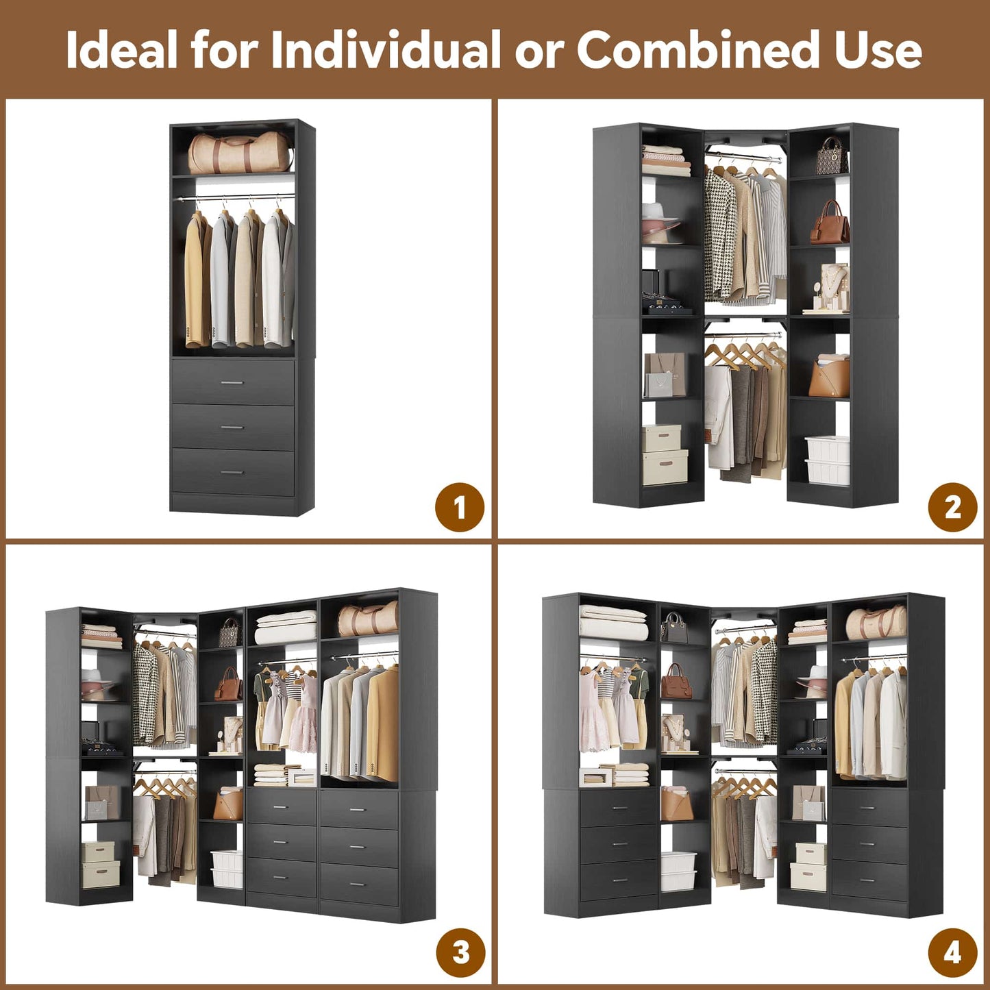 87.2" Freestanding Closet Organizer System - Modular L-Shaped Design,Reversible, 6 Drawers & 4 Hanging Rods, 2000+ LBS Capacity,3 Sets