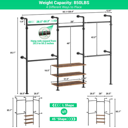 84"-128" Adjustable Metal Pipe Clothing Rack Wall-Mounted,Industrial Garment Rack with 3-Tier Wooden Shelves,Heavy-Duty 1000LBS Capacity