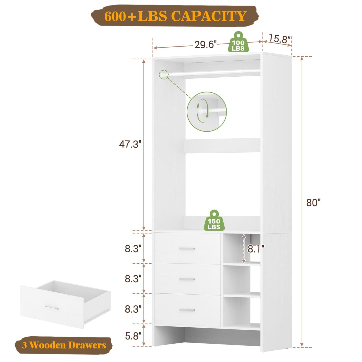 2.5FT Closet System with Wooden Drawers