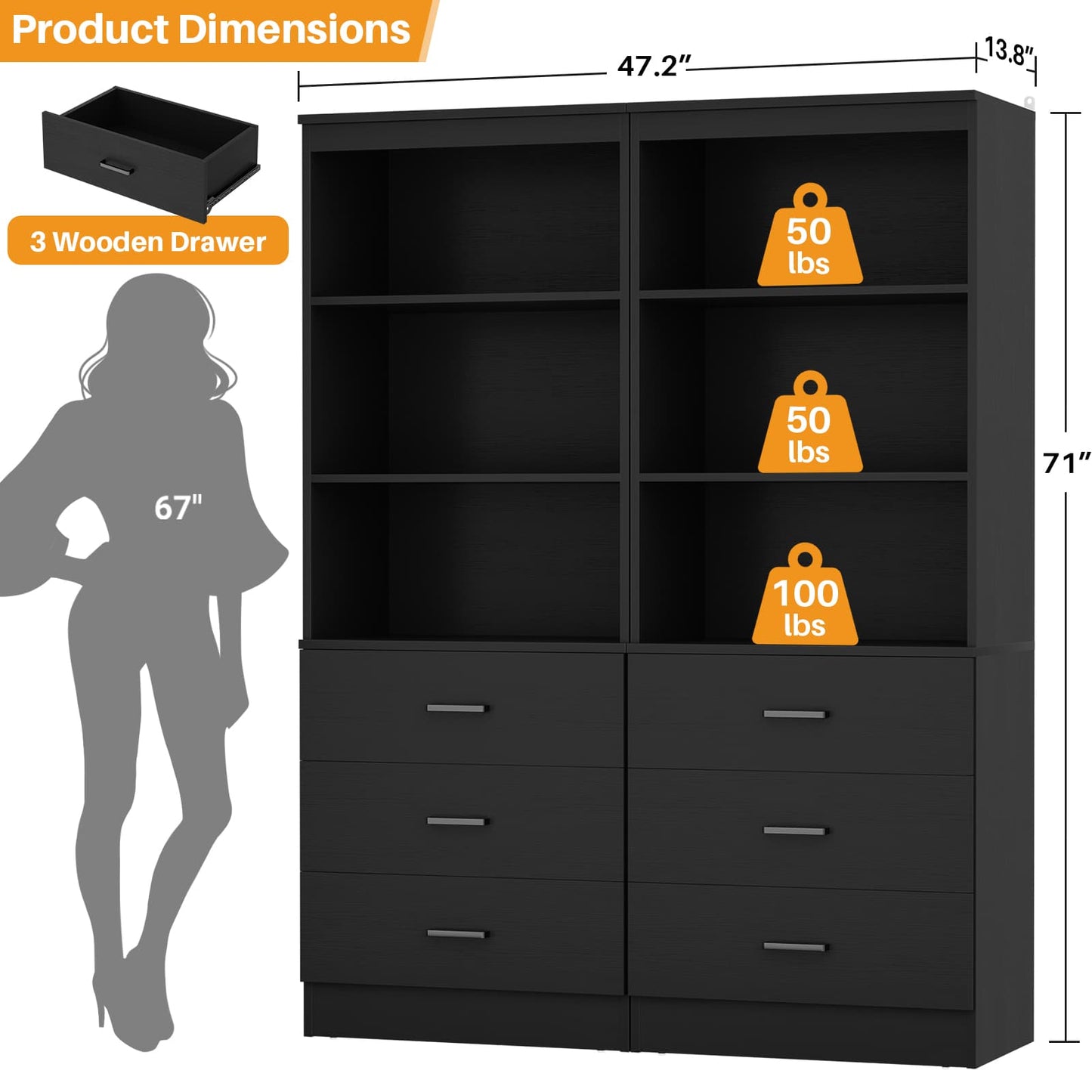 47.2" Closet Organizer System with 6 Wood Drawers