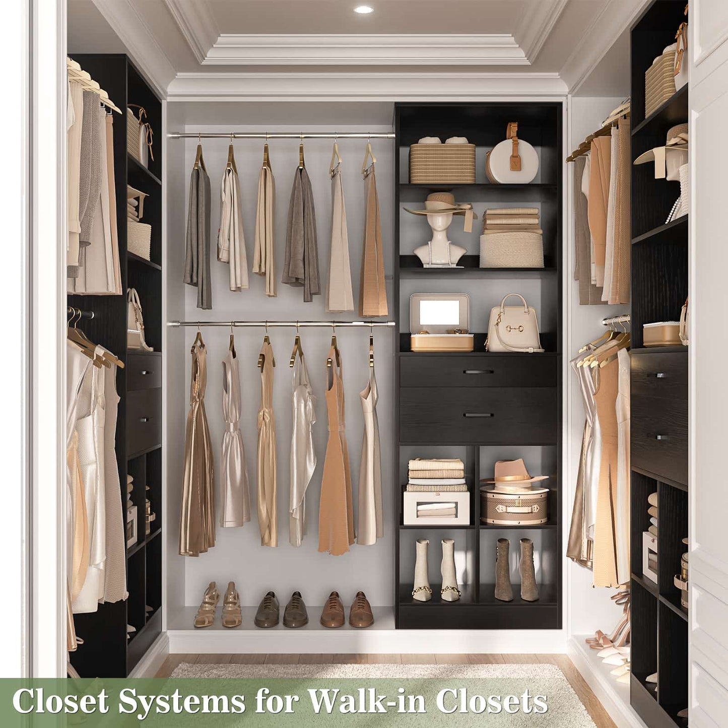 4-8 FT Walk-in Closet Organizer Tower, 2 Wooden Drawers + 5 Hang Rods, Built-in Shelves, Fit 60-96'' Closet Systems
