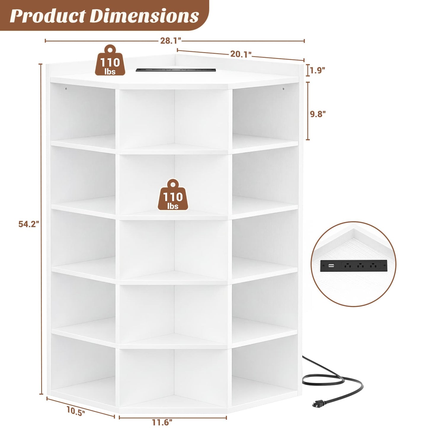6-Tier Corner Cabinet with Power Outlets & 15 Cubes - Wooden L-Shaped Bookshelf, Toy Storage for Home Office, Bedroom, Living Room