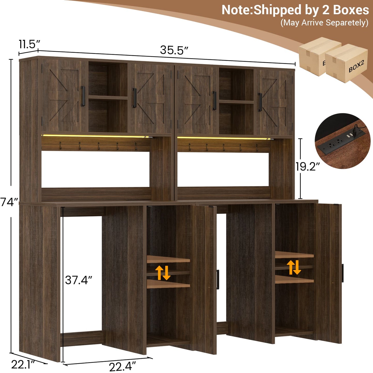 2-Piece Beverage Station Set - Mini Fridge Cabinet & Coffee Bar with Charging Hub, LED Light & Wine Storage