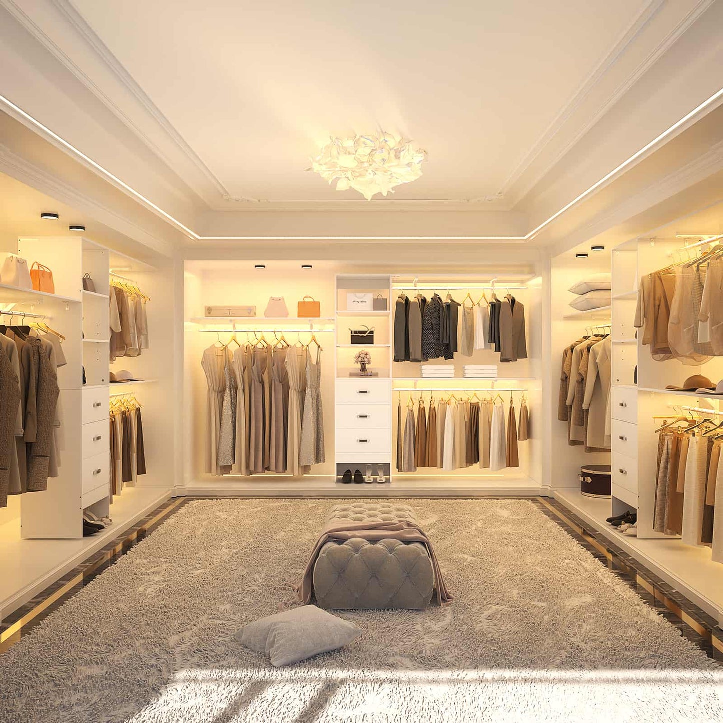 120'' W Closet System with Drawers, Closet Organizer with 3 Shelving Towers