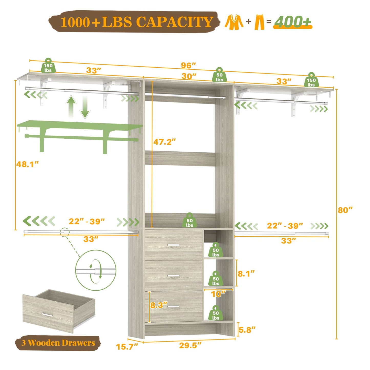 8FT Walk-in Armoire Closet Organizer with 3 Wooden Drawers & Hanging Rods, Adjustable Garment Rack for 5.3-9 ft Spaces,Wardrobe Storage Shelf