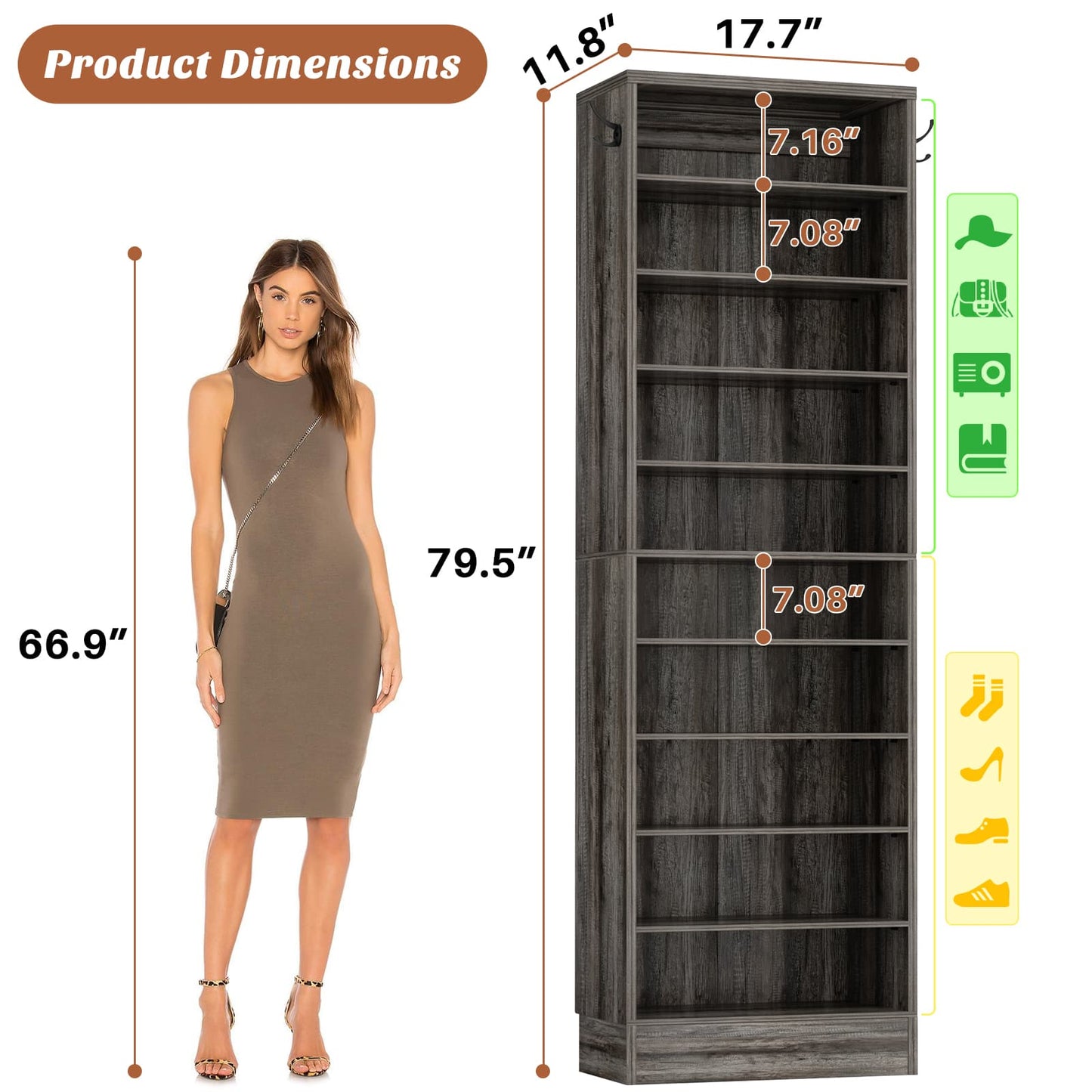 Tall Shoe Cabinet, 10 Tiers Narrow Wood Shoe Rack