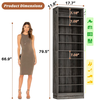 Tall Shoe Cabinet, 10 Tiers Narrow Wood Shoe Rack