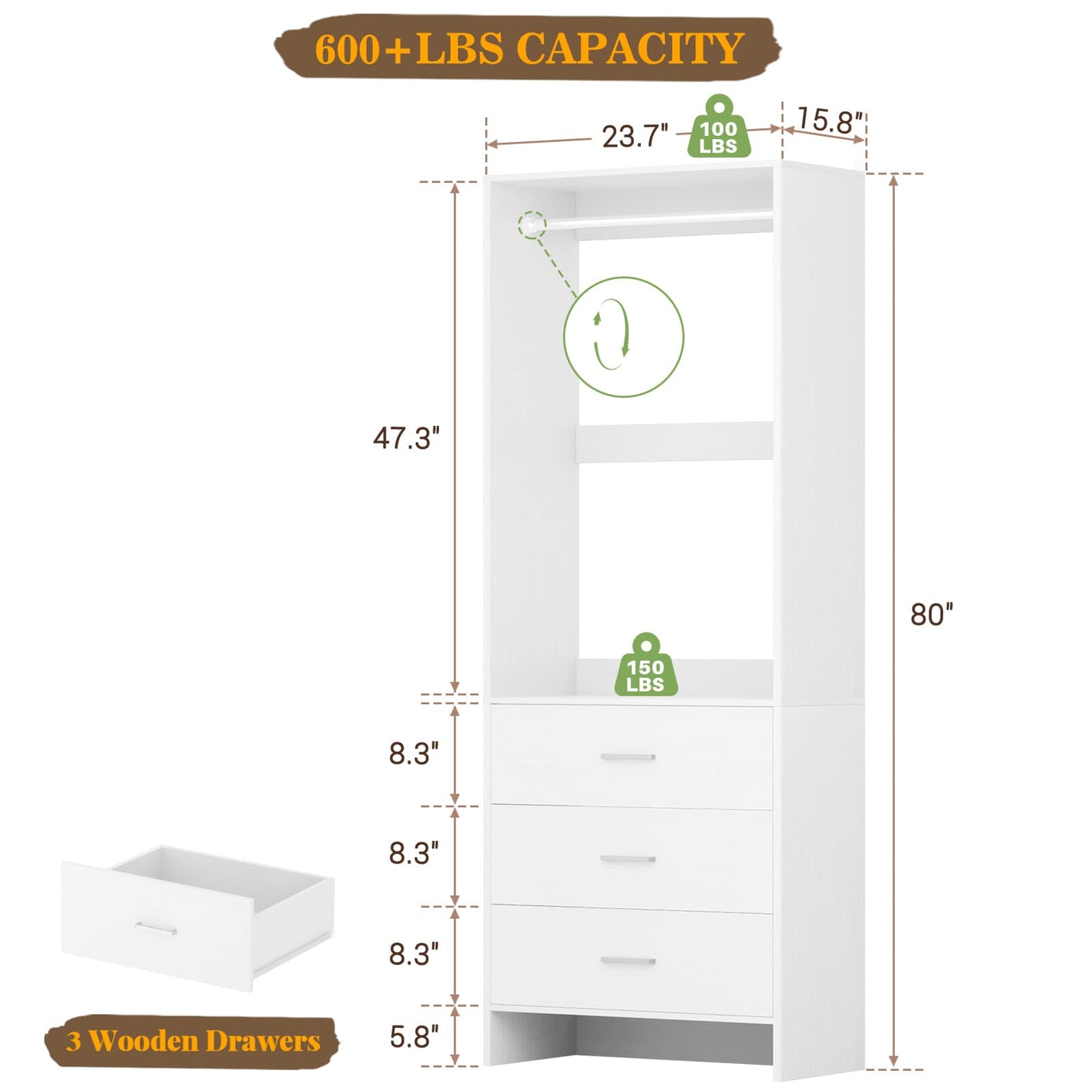 2FT Closet System with Wooden Drawers