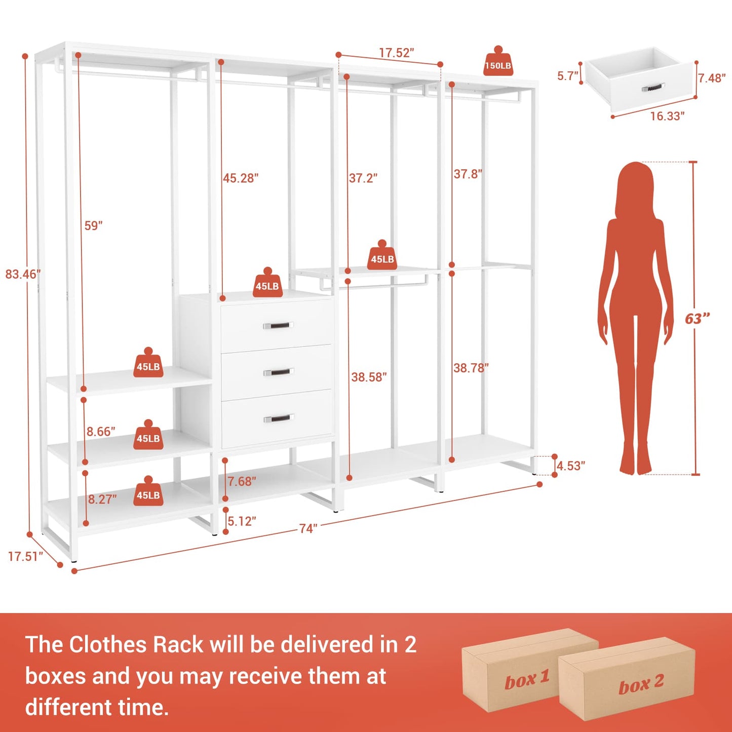 Closet System Organizer Walk-in Closet for Bedroom with 3 Wood Drawers