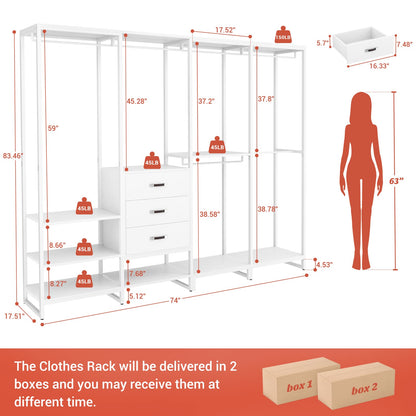Closet System Organizer Walk-in Closet for Bedroom with 3 Wood Drawers