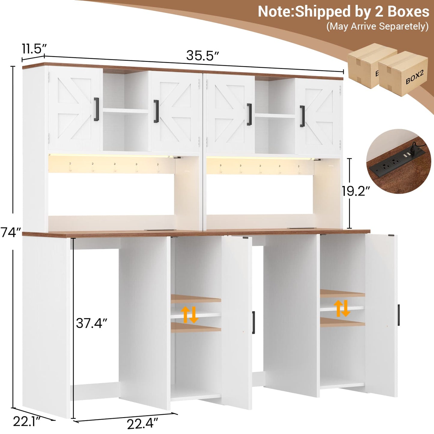 2-Piece Beverage Station Set - Mini Fridge Cabinet & Coffee Bar with Charging Hub, LED Light & Wine Storage
