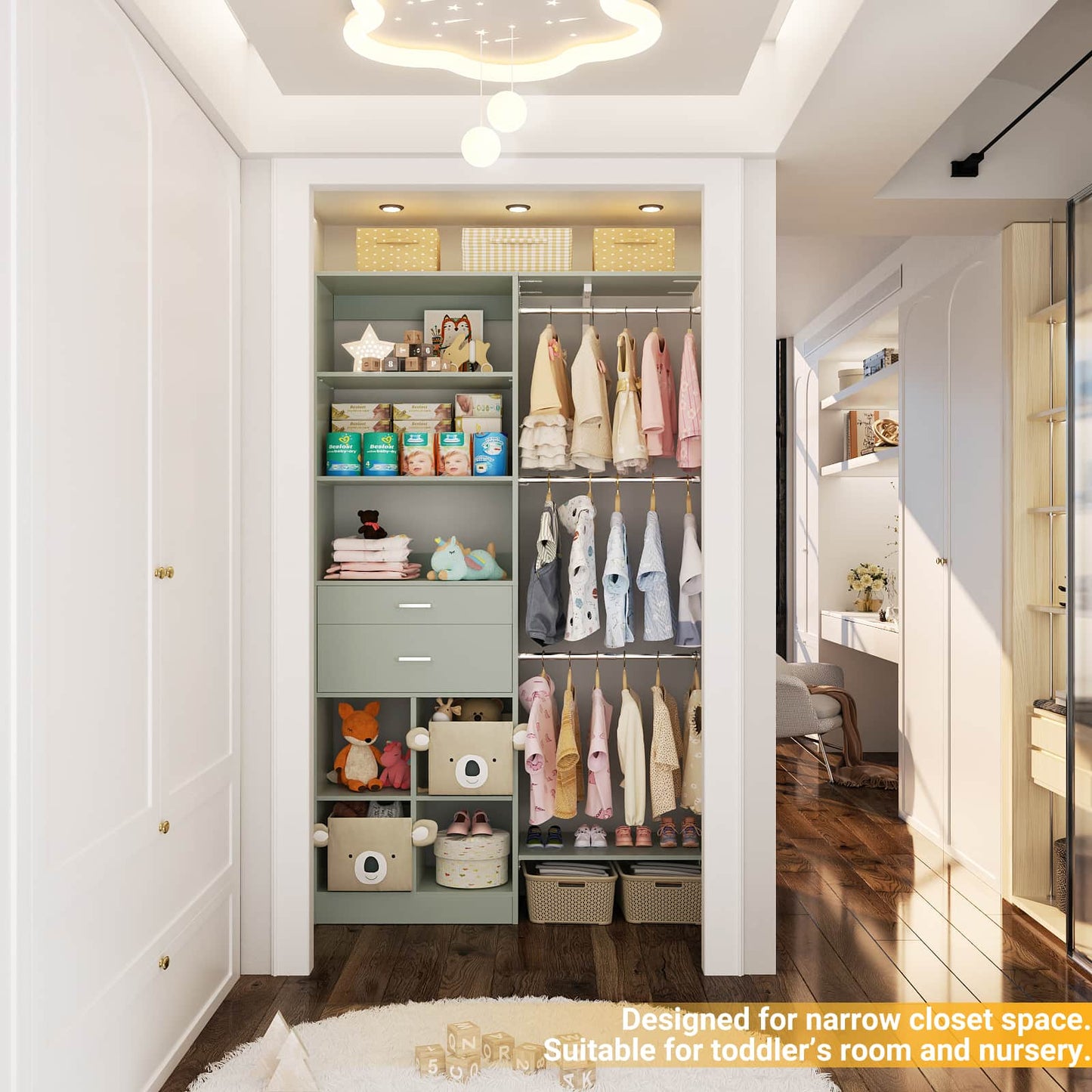5FT Small Closet System, Baby Closet Organizer System with Wooden Drawers