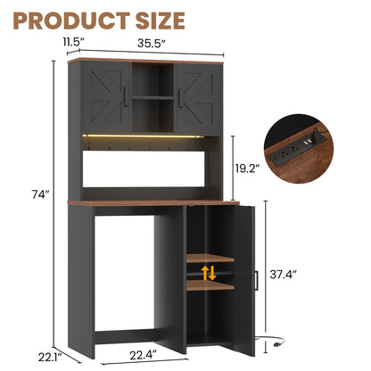 3-in-1 Mini Fridge Cabinet & Coffee Bar Station - with Power Outlet, LED Light, Microwave Shelf & Wine Storage