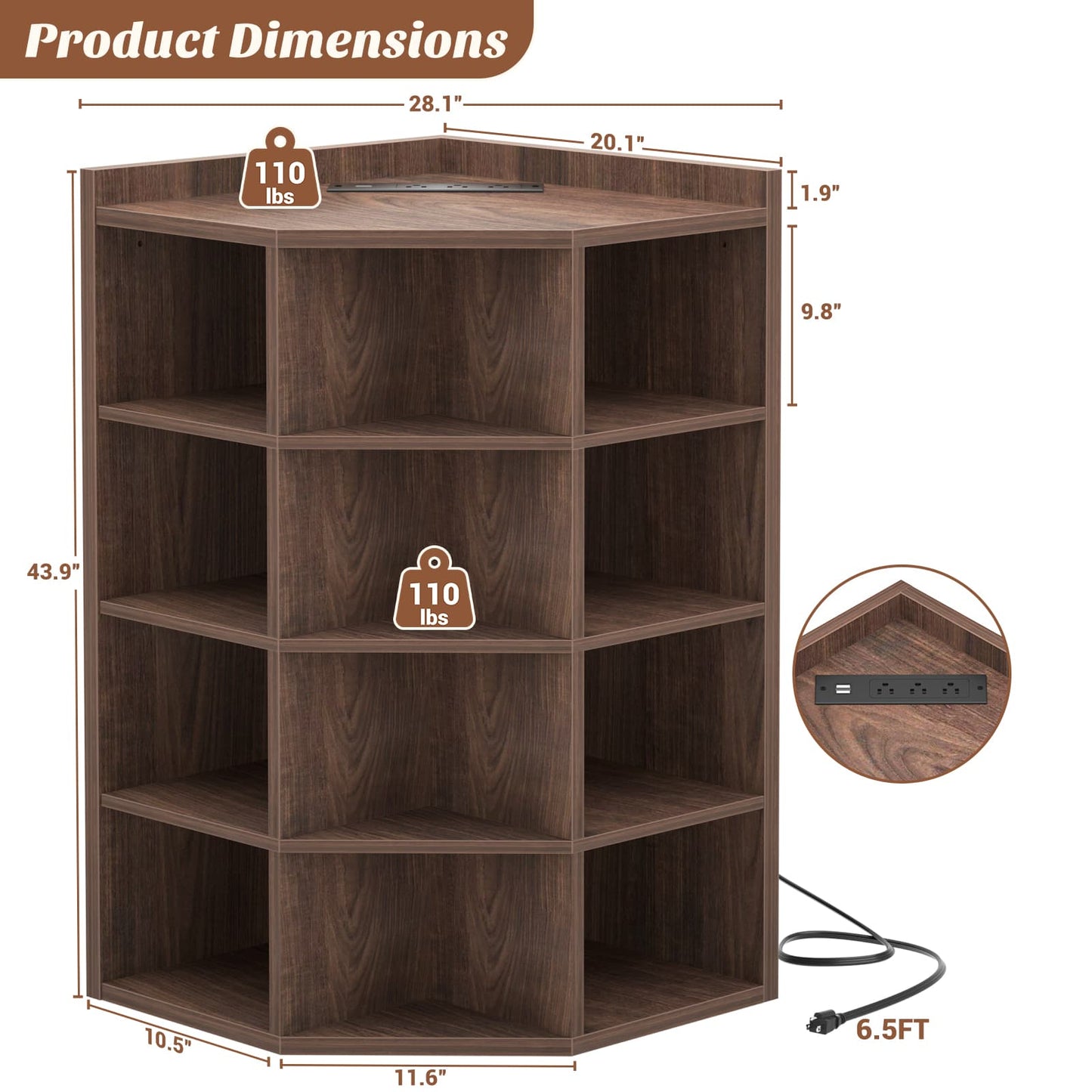 5-Tier Corner Cabinet with Power Outlets & 12 Storage Cubes - Wooden L-Shaped Bookshelf, Toy Organizer