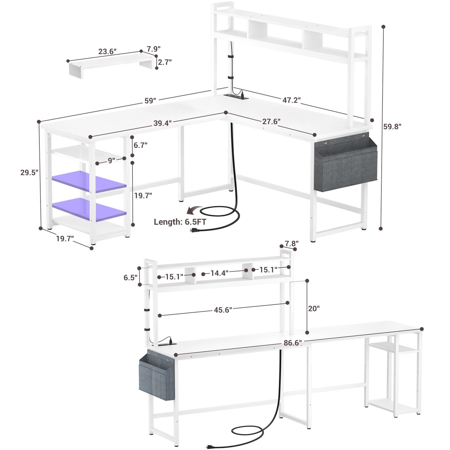 L Shaped Desk with Power Outlet, LED Strip, Storage Shelf